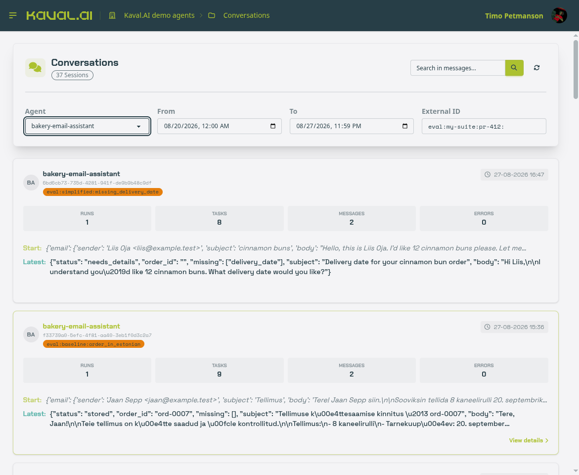 Backoffice conversations list filtered by agent and date, each session showing run, task, message and error counts