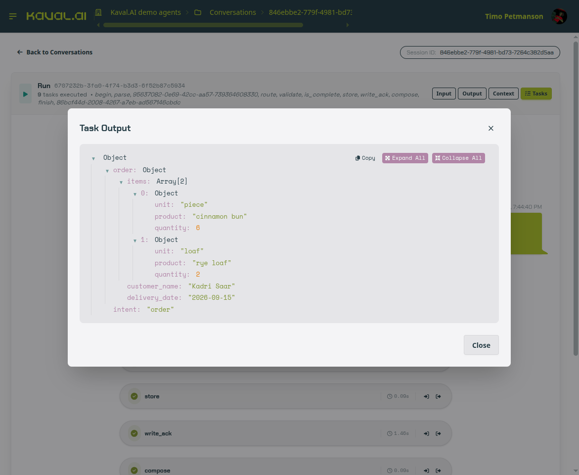 Task debugger with the list of executed nodes and one task's structured output opened in a JSON viewer